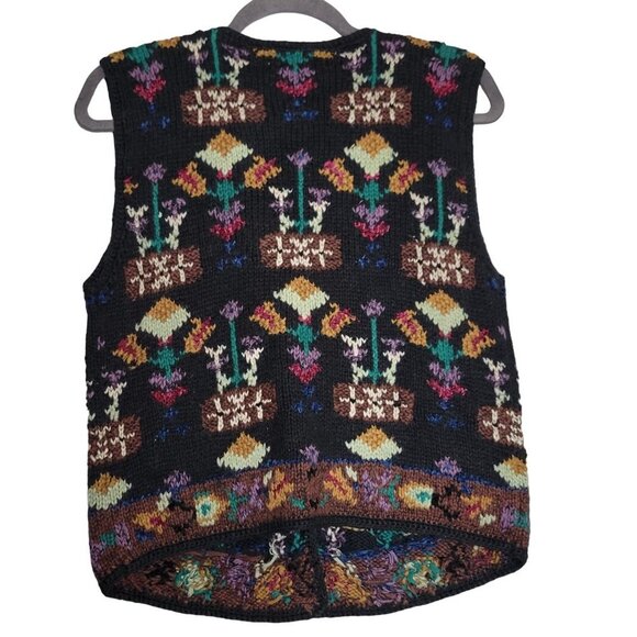 Vintage Women's M Sweater Vest Cardigan Granny Core Cottage Core Black Multicolo - Picture 2 of 10